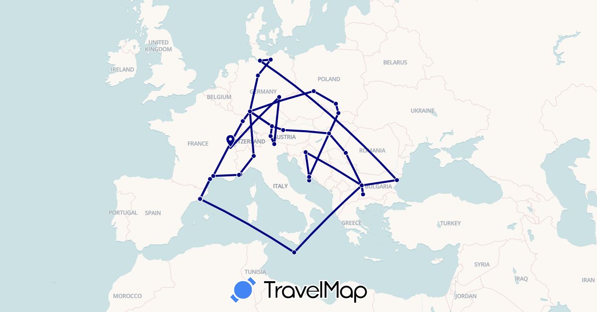 TravelMap itinerary: driving in Austria, Bulgaria, Switzerland, Germany, Spain, France, Croatia, Hungary, Italy, Monaco, Malta, Poland, Romania, Slovakia (Europe)